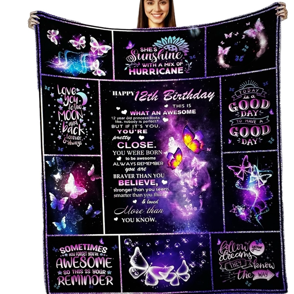 Happy 12th Birthday Gift Girl’s Butterfly Throw Blanket 50x60